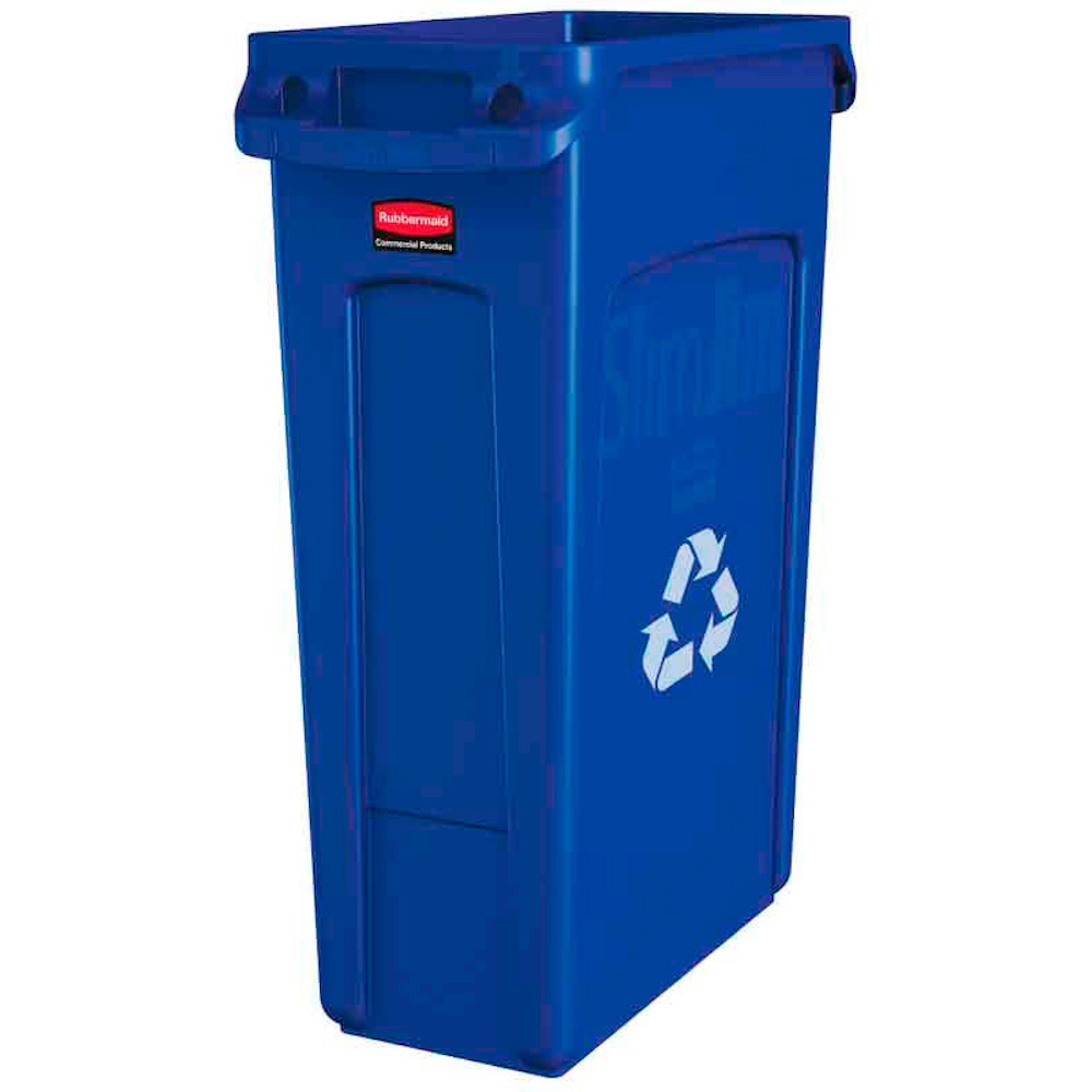 Rubbermaid Slim Jim Mülleimer mit Belüftungskanälen | 87 Liter, HxBxT 76,2x28x56cm | Blau, Recyclingsymbol