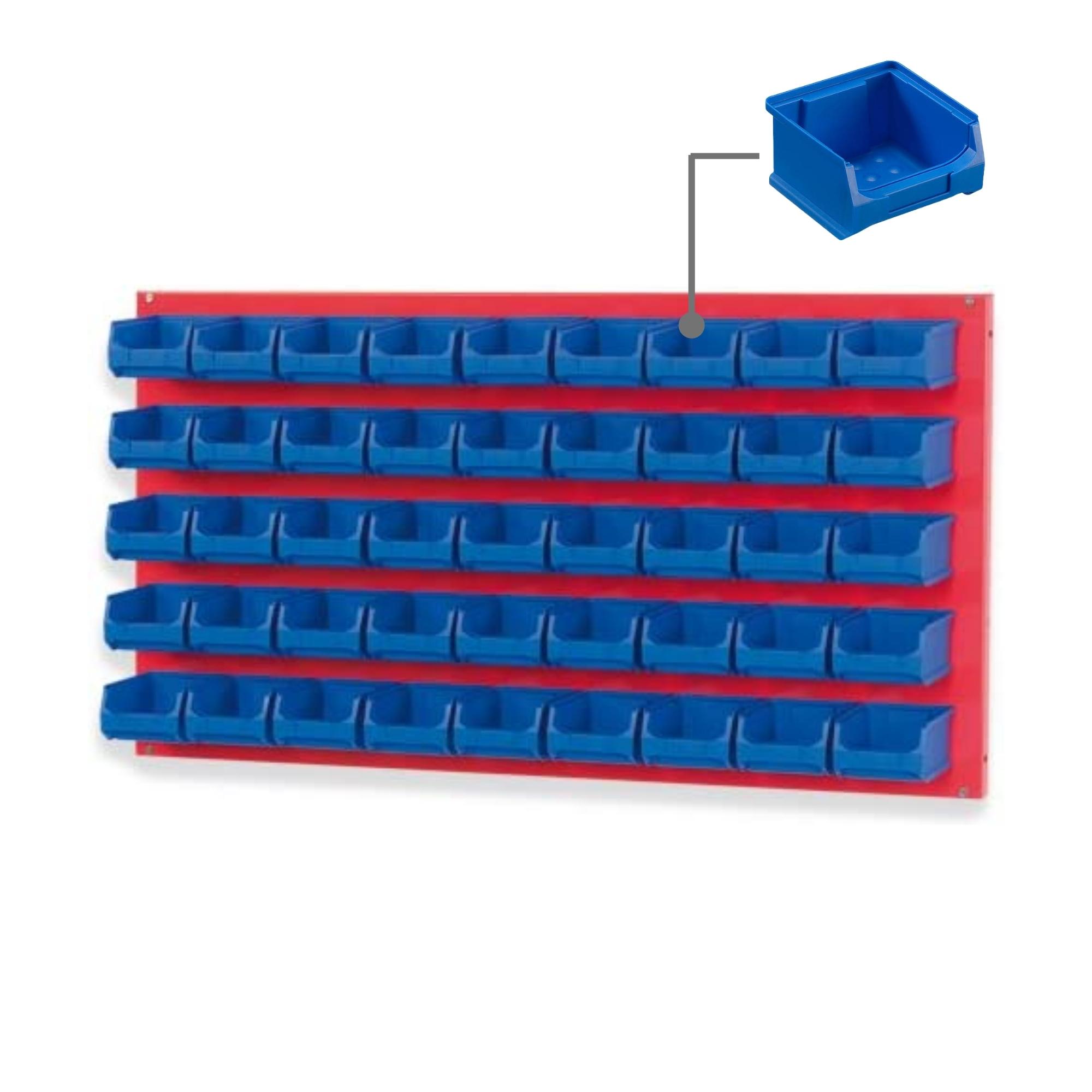Trägersystem Rote Systemplatte mit 45x blauen Sichtlagerboxen 1.0 | Maße HxB 50x100cm | Sichtlagerbox, Sichtlagerbehälter, Sichtlagerkasten