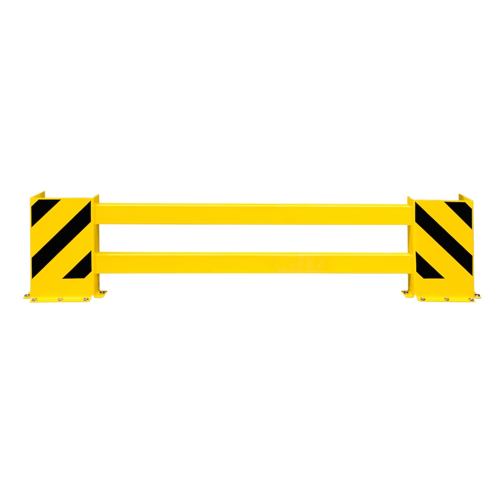 Längenverstellbare Regalschutz-Planke mit Anfahrschutzwinkel | Regalstirnschutz Doppelregal-Set | HxBxT 50x170-210x19cm | Kunststoffbeschichteter Stahl | Schwarz-Gelb