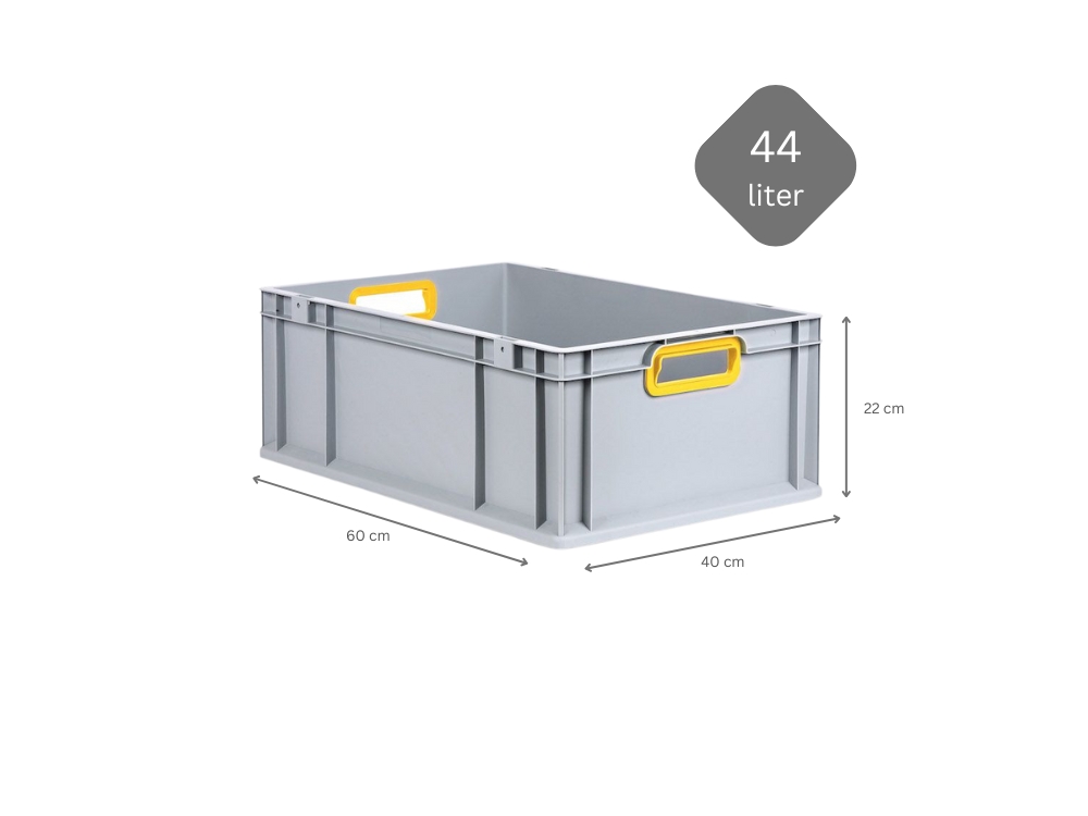 Eurobox NextGen Color | HxBxT 22x40x60cm | 44 Liter | Griffe gelb offen | Verstärkter Boden | Eurobehälter, Transportbox, Transportbehälter, Stapelbehälter