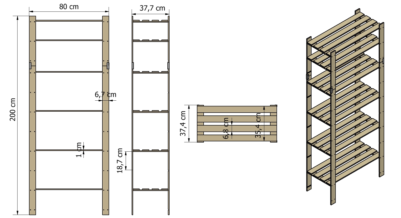Holzregal PINEPEAK | HxBxT 200x80x38cm | 6 Fachboden | 1,2cm dickes Kiefernholz | Braun