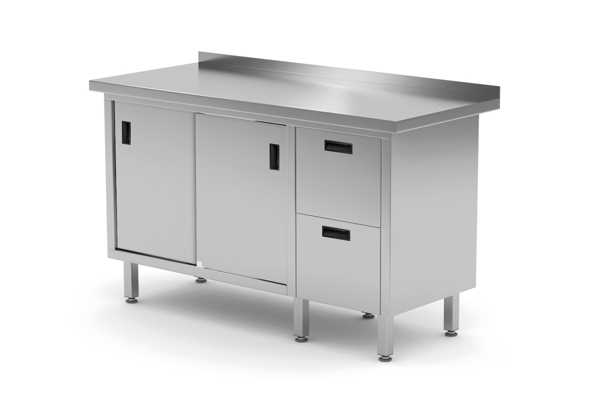 Edelstahl Gastro-Arbeitstisch mit 2 Schubladen und 2 Schiebetüren | AISI 430 Qualität | HxBxT 85x120x70cm