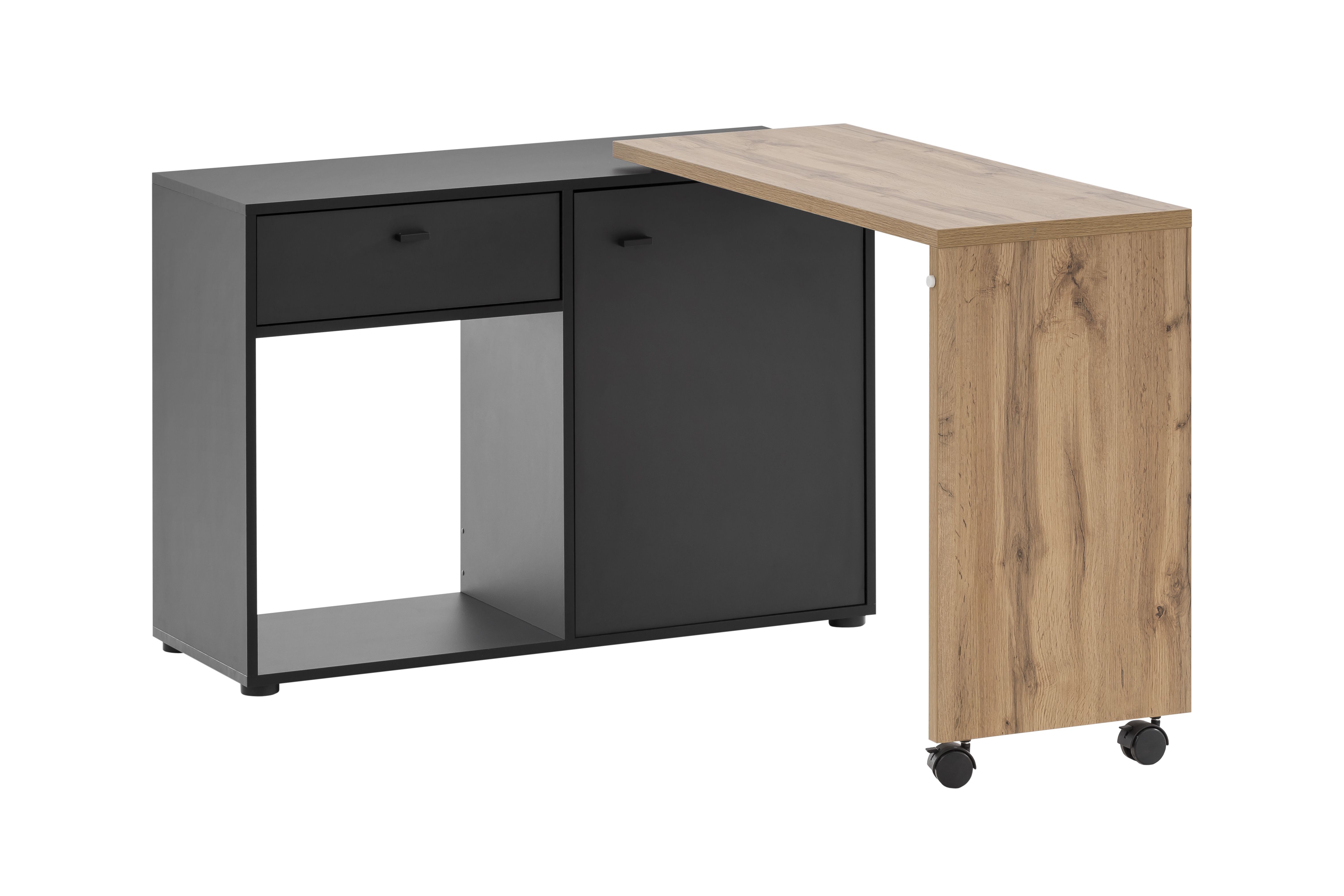 Möbelpartner Schreibtisch mit drehbarer Arbeitsplatte Monkey | HxBxT 75x105x39cm | 1 Schublade & 1 Aktenschrank mit 2 Fächern | Eiche/Schwarz