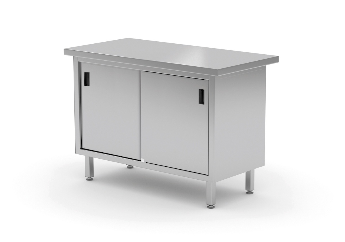 Edelstahl Gastro-Arbeitstisch mit Schiebetüren und ohne Aufkantung | AISI 430 Qualität | HxBxT 85x110x60cm