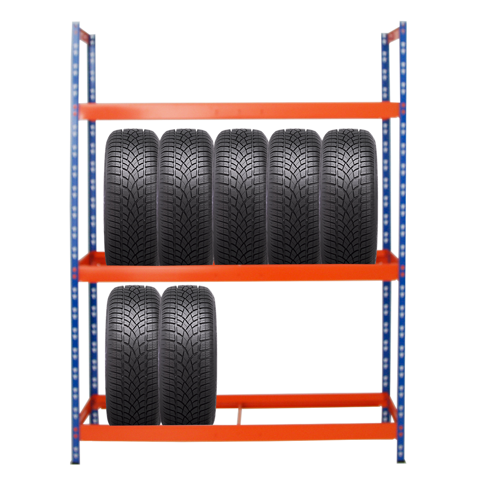 Reifenregal Tiger XL | HxBxT 200x150x45 cm | 300kg Fachlast | bis zu 18 Reifen (205/55 R16) | Blau/Orange