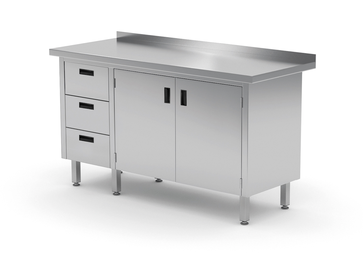 Edelstahl Gastro-Arbeitstisch mit 3 Schubladen und 2 Klapptüren | AISI 430 Qualität | HxBxT 85x120x60cm