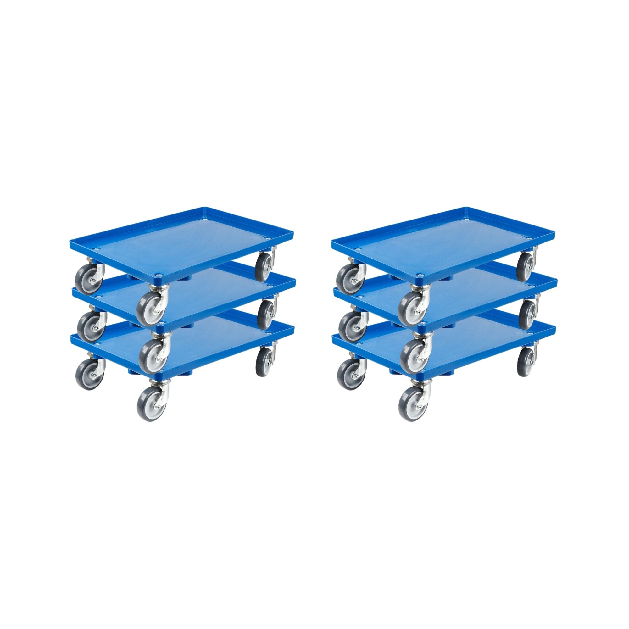 Transportroller für Euroboxen 60x40cm mit Gummiräder blau | Geschlossenes Deck | 2 Lenkrollen & 2 Bockrollen | Traglast 300kg | Kistenroller Logistikroller Rollwagen Profi-Fahrgestell
