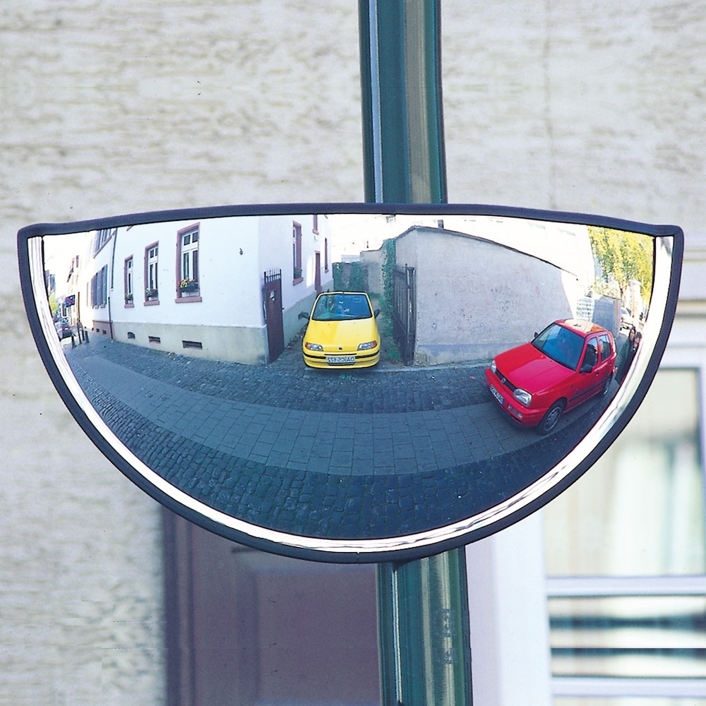 Drei-Wege-Spiegel aus Acrylglas mit Rohrpfostenhalterung | 180° Weitwinkelspiegel für Drei-Wege-Kreuzungen | HxBxT 42x85x19cm | Beobachtungsabstand 7m