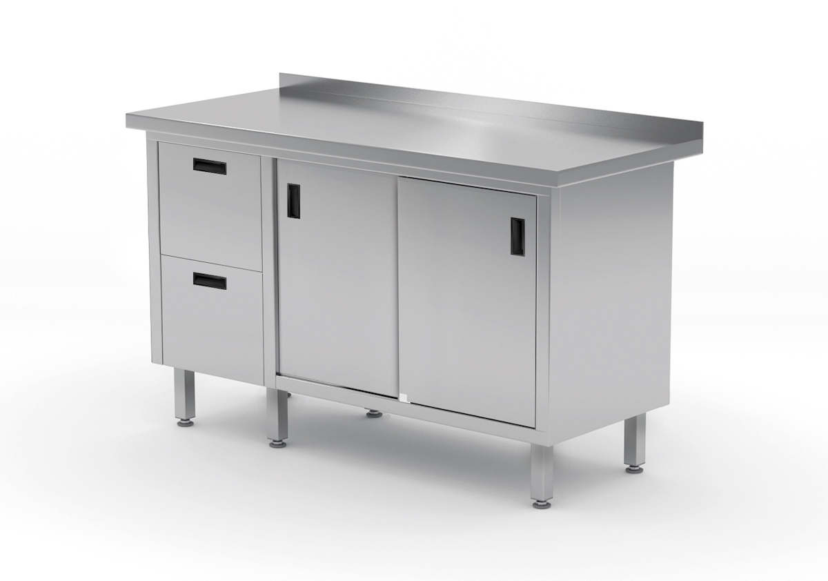 Edelstahl Gastro-Arbeitstisch mit 2 Schubladen und 2 Schiebetüren | AISI 430 Qualität | HxBxT 85x120x70cm