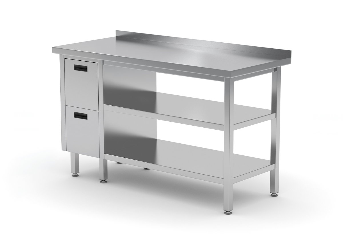 Edelstahl Gastro-Arbeitstisch mit 2 Schubladen links sowie Grund- und Zwischenboden und Aufkantung | AISI 430 Qualität | HxBxT 85x90x60cm