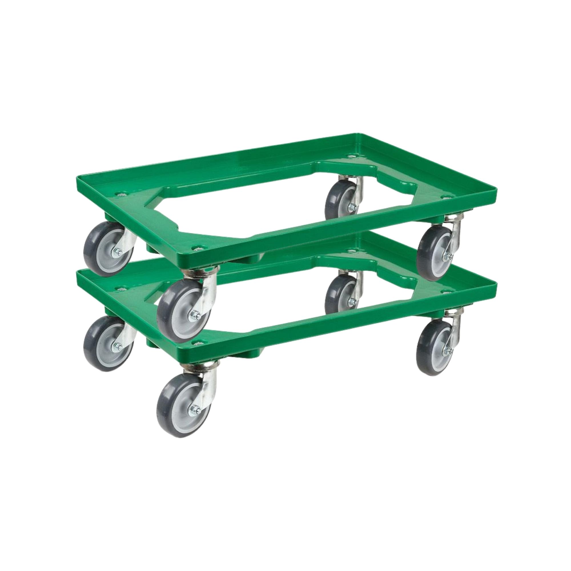 SparSet 2x Transportroller für Euroboxen 60x40cm mit Gummiräder grün | Offenes Deck | 2 Lenkrollen & 2 Bockrollen | Traglast 300kg | Kistenroller Logistikroller Rollwagen Profi-Fahrgestell