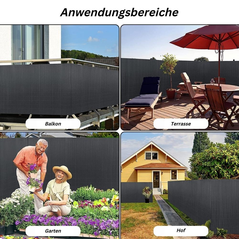 FI-CHI – Premium Sichtschutzmatte | Zaun | Sichtschutz | PVC- Sichtschutzmatte | Gartensichtschutz für Garten und Balkon aus Weide | Höhe 1,5 m | Länge 3 m | HxL: 1,5x3 m | 1300g / m2 | Grau