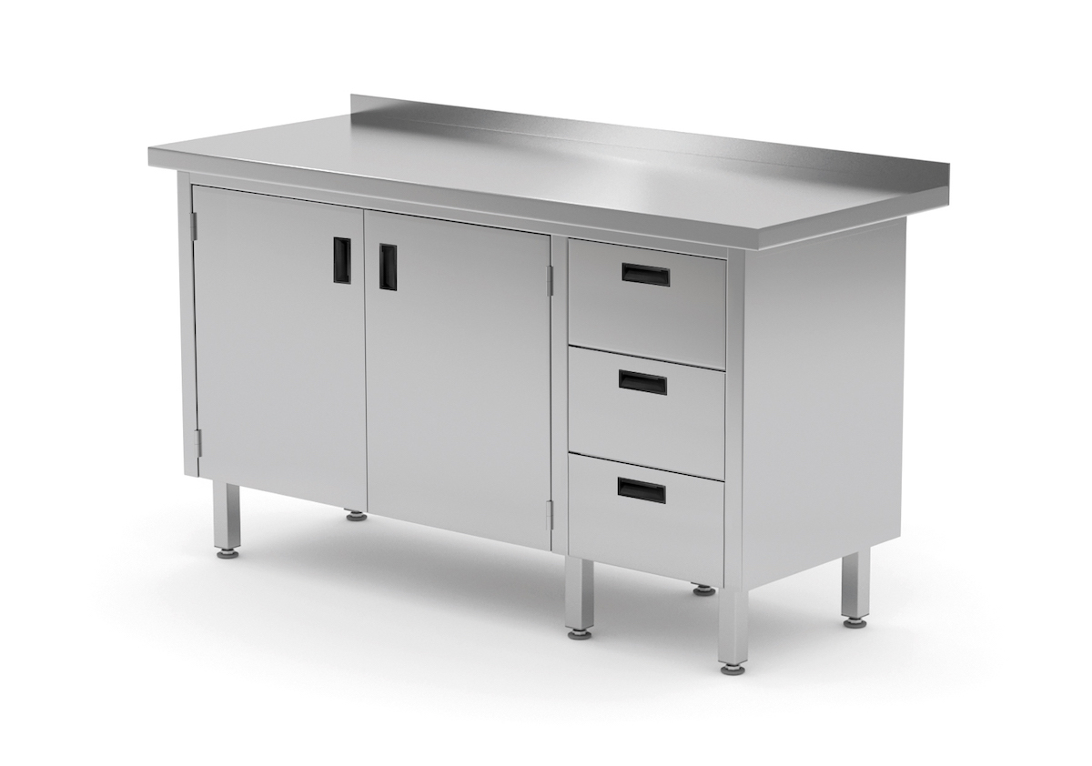 Edelstahl Gastro-Arbeitstisch mit 3 Schubladen und 2 Klapptüren | AISI 430 Qualität | HxBxT 85x120x70cm