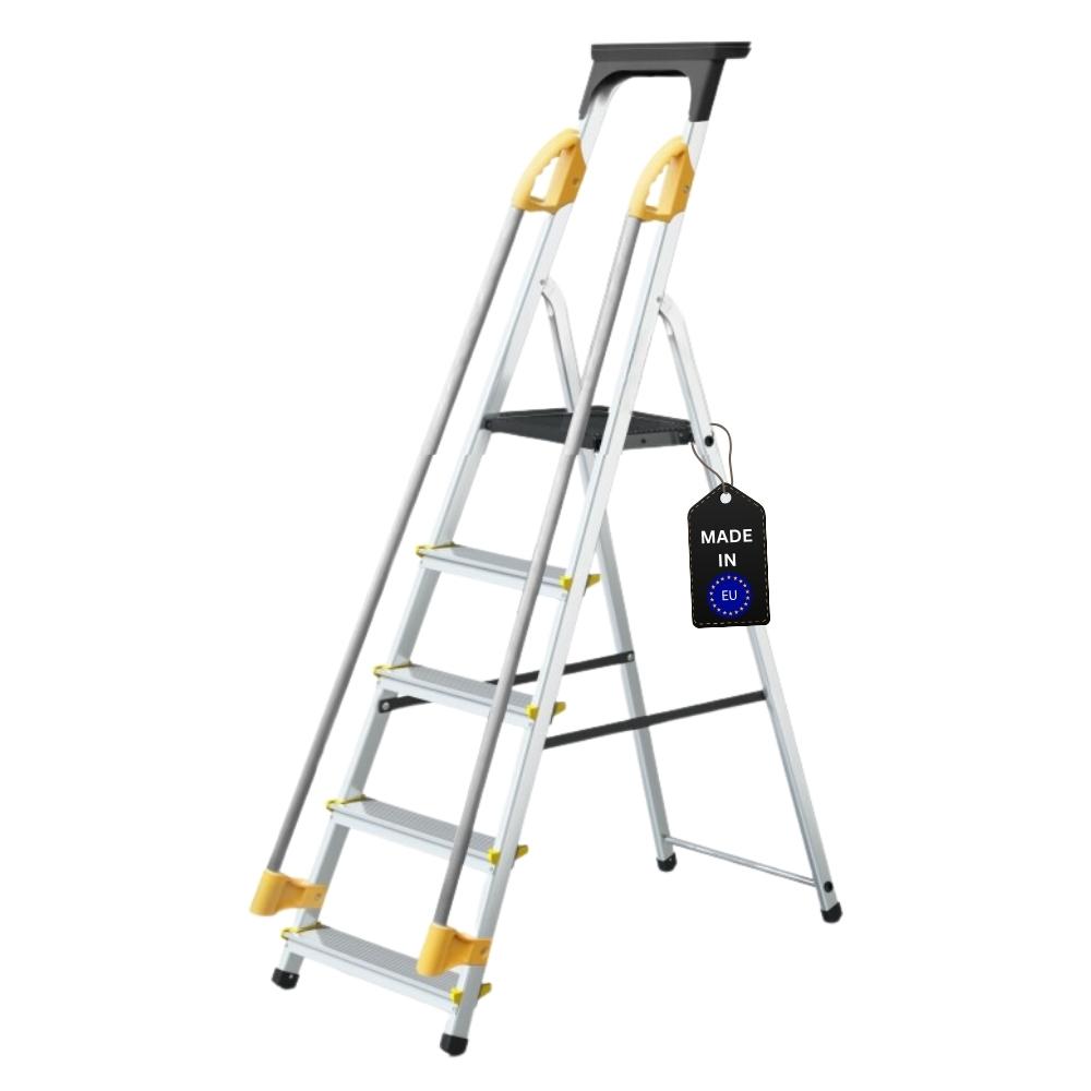 Stufenstehleiter mit Werkzeugablage & Handlauf ECONOMY BASIC | einseitig begehbar | 5 Stufen | Arbeitshöhe 2,97m | Traglast 150kg
