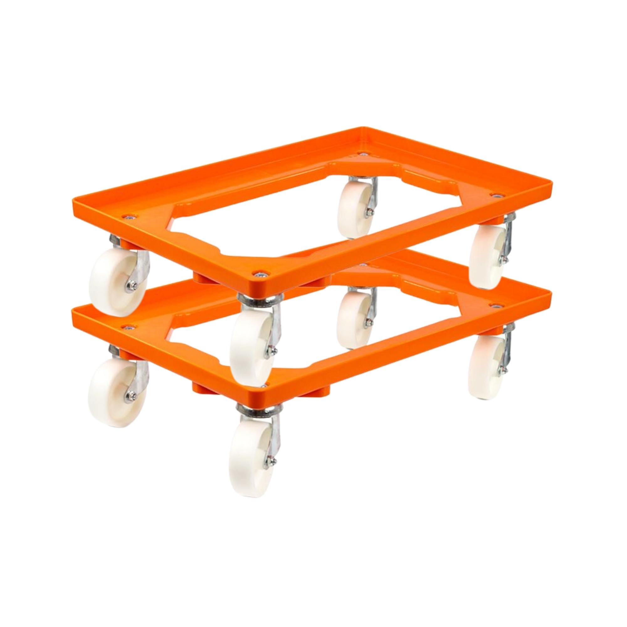 SparSet 2x Transportroller für Euroboxen 60x40cm mit Kunststoffräder orange | Offenes Deck | 2 Lenkrollen & 2 Bockrollen | Traglast 300kg | Kistenroller Logistikroller Rollwagen Profi-Fahrgestell