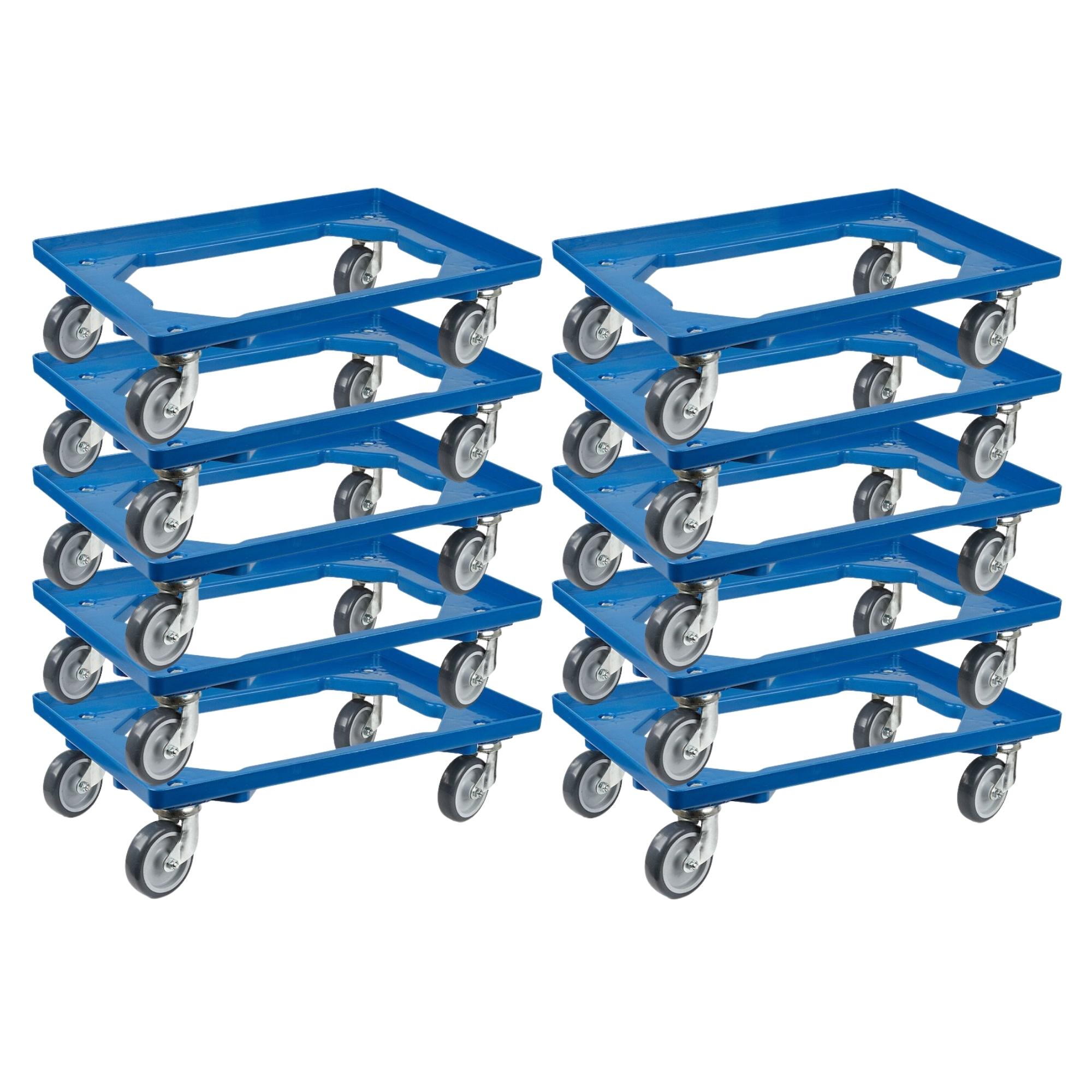 SparSet 10x Transportroller für Euroboxen 60x40cm mit Gummiräder blau | Offenes Deck | 2 Lenkrollen & 2 Bremsrollen | Traglast 300kg | Kistenroller Logistikroller Rollwagen Profi-Fahrgestell
