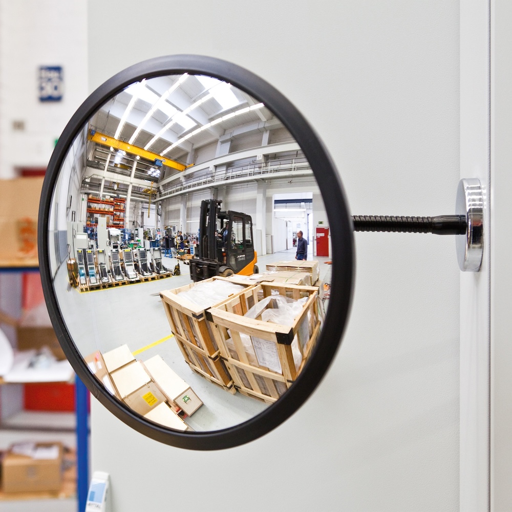 Beobachtungsspiegel aus Acrylglas mit Magnethalterung zur Befestigung an Stahlflächen | Spiegel-Ø 45cm | Beobachtungsabstand 5m | Starke Weitwinkelwirkung