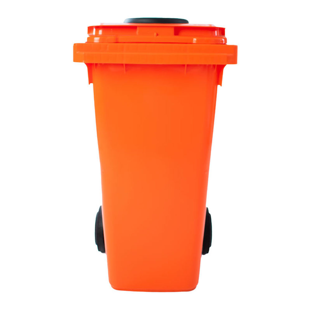 PROREGAL Premium 2-Rad-Mülltonne MGB mit Einwurfrosette für Flaschen & Dosen | 120 Liter, HxBxT 97,4x47,9x55,5cm | HDPE-Kunststoff | Orange