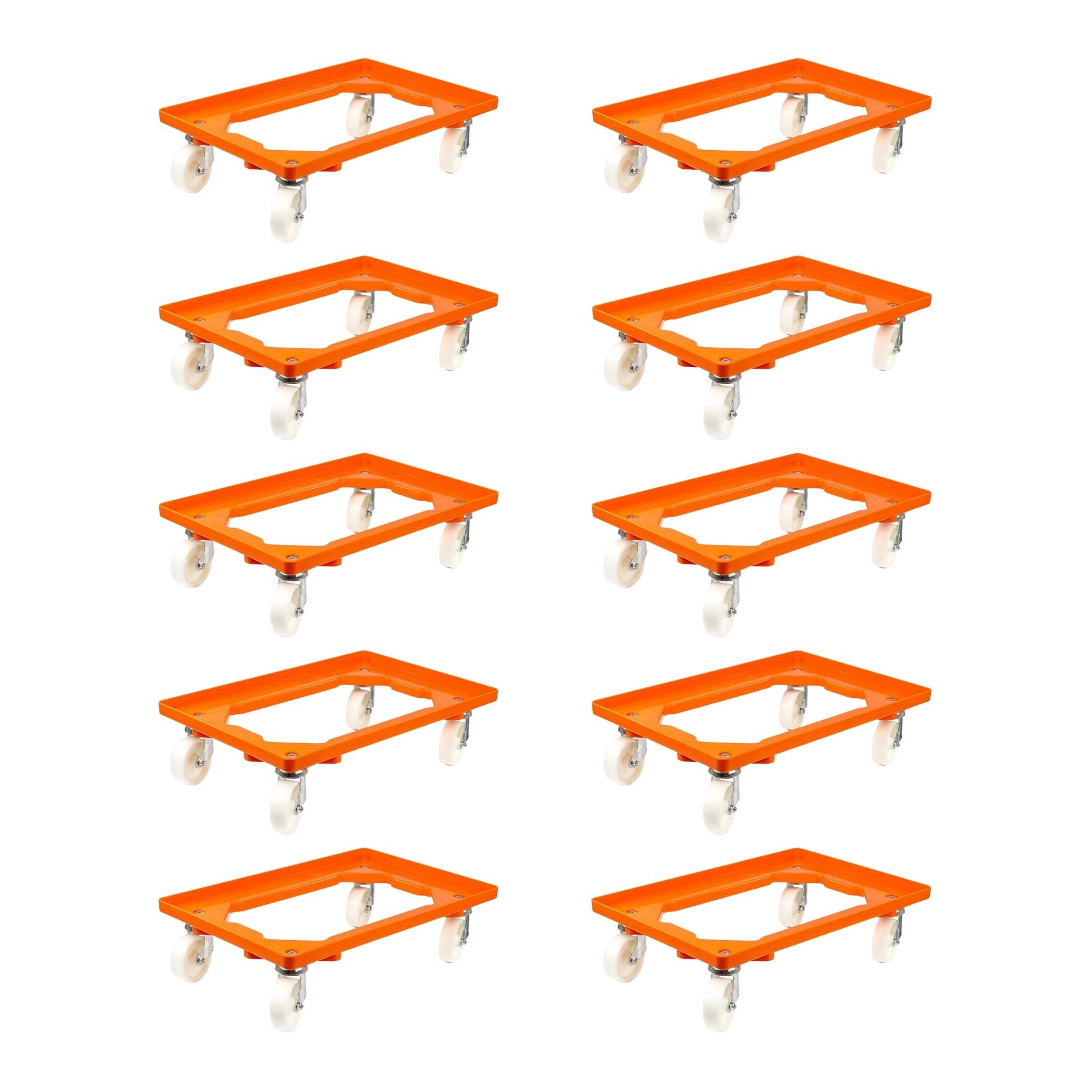 SparSet 10x Transportroller für Euroboxen 60x40cm mit Kunststoffräder orange | Offenes Deck | 2 Lenkrollen & 2 Bockrollen | Traglast 300kg | Kistenroller Logistikroller Rollwagen Profi-Fahrgestell