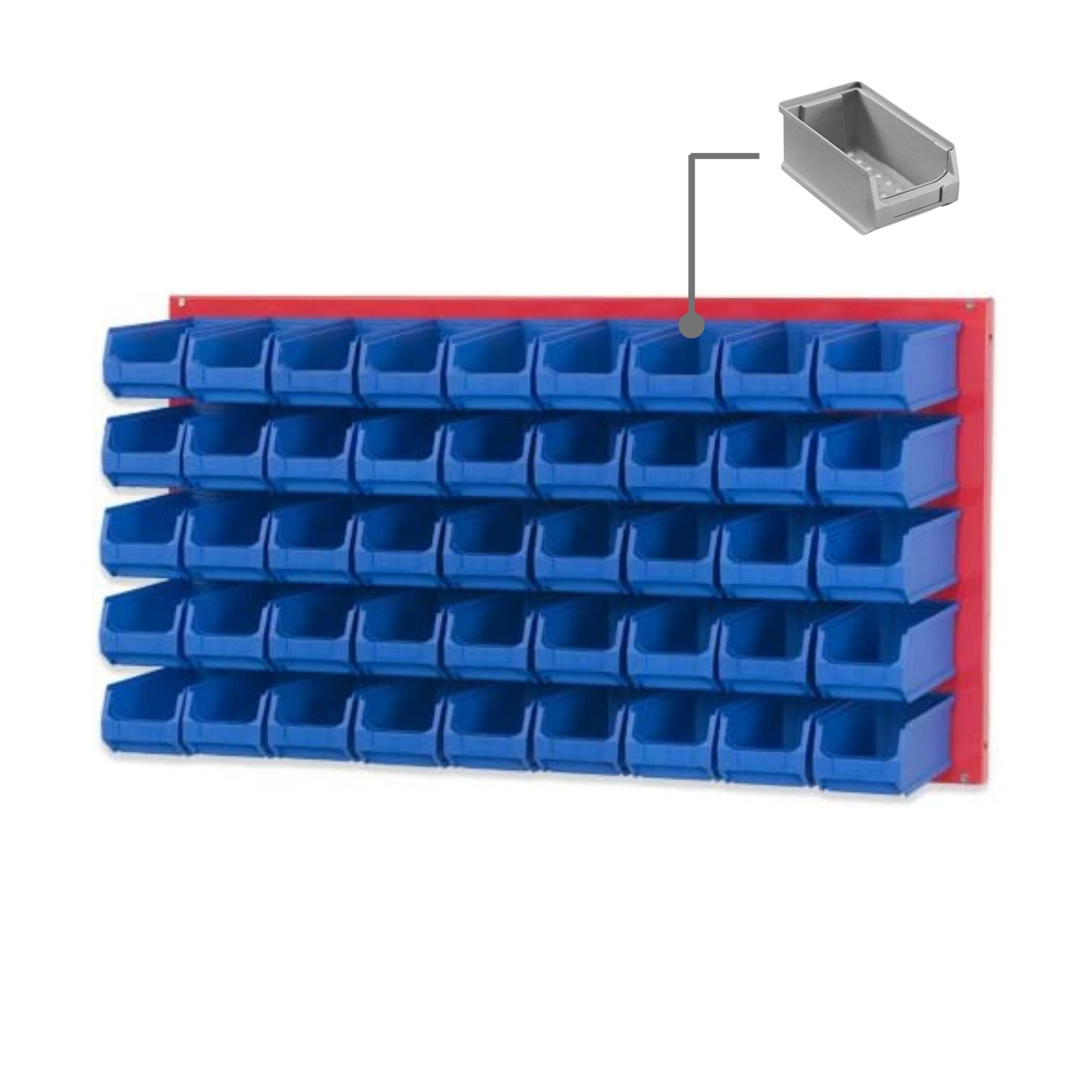 Trägersystem Rote Systemplatte mit 45x grauen Sichtlagerboxen 2.0 | Maße HxB 50x100cm | Sichtlagerbox, Sichtlagerbehälter, Sichtlagerkasten