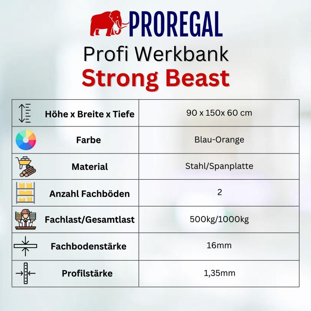 Profi Werkbank STRONG BEAST | HxBxT 90x150x60cm | Fachlast 500kg | Blau-Orange