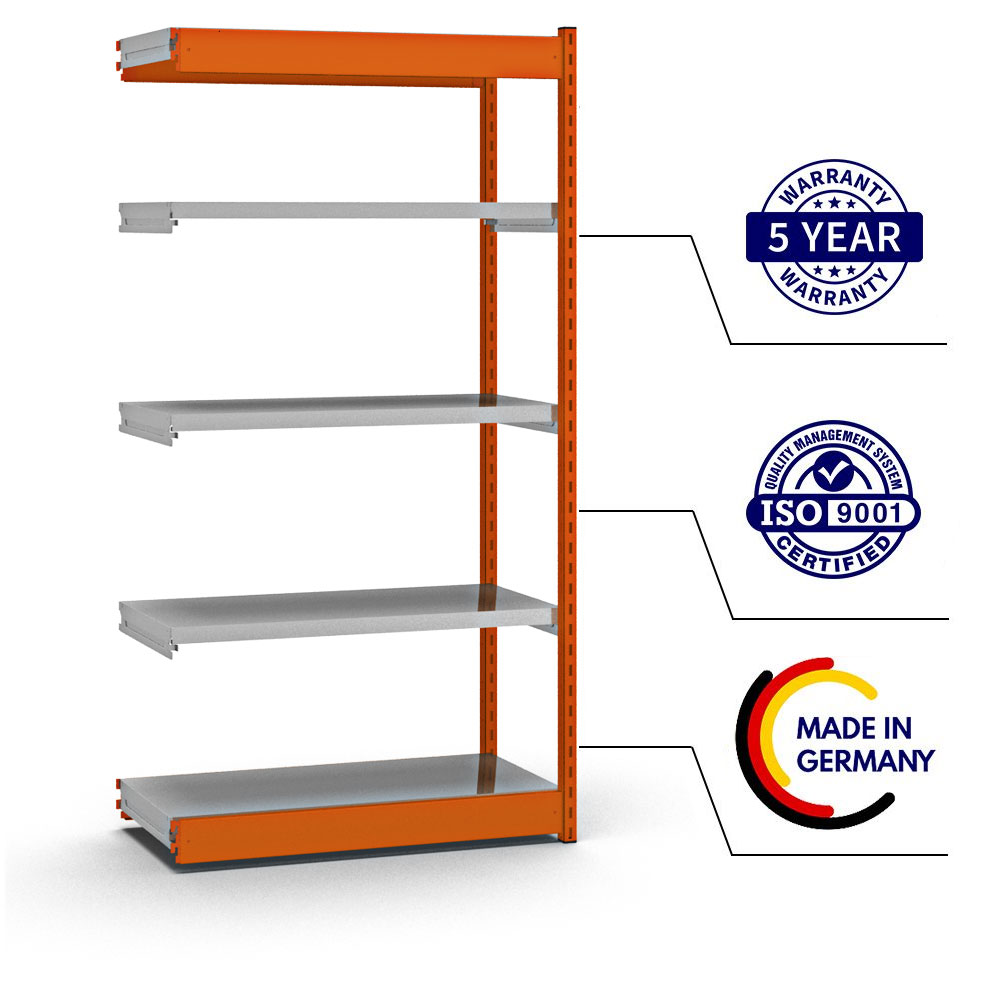 Fachbodenregal Stecksystem Vierkant-Profil | Anbauregal | HxBxT 200x100x40cm | 5 Ebenen | Einseitige Bauart | Fachlast 200kg | Orange/Verzinkt
