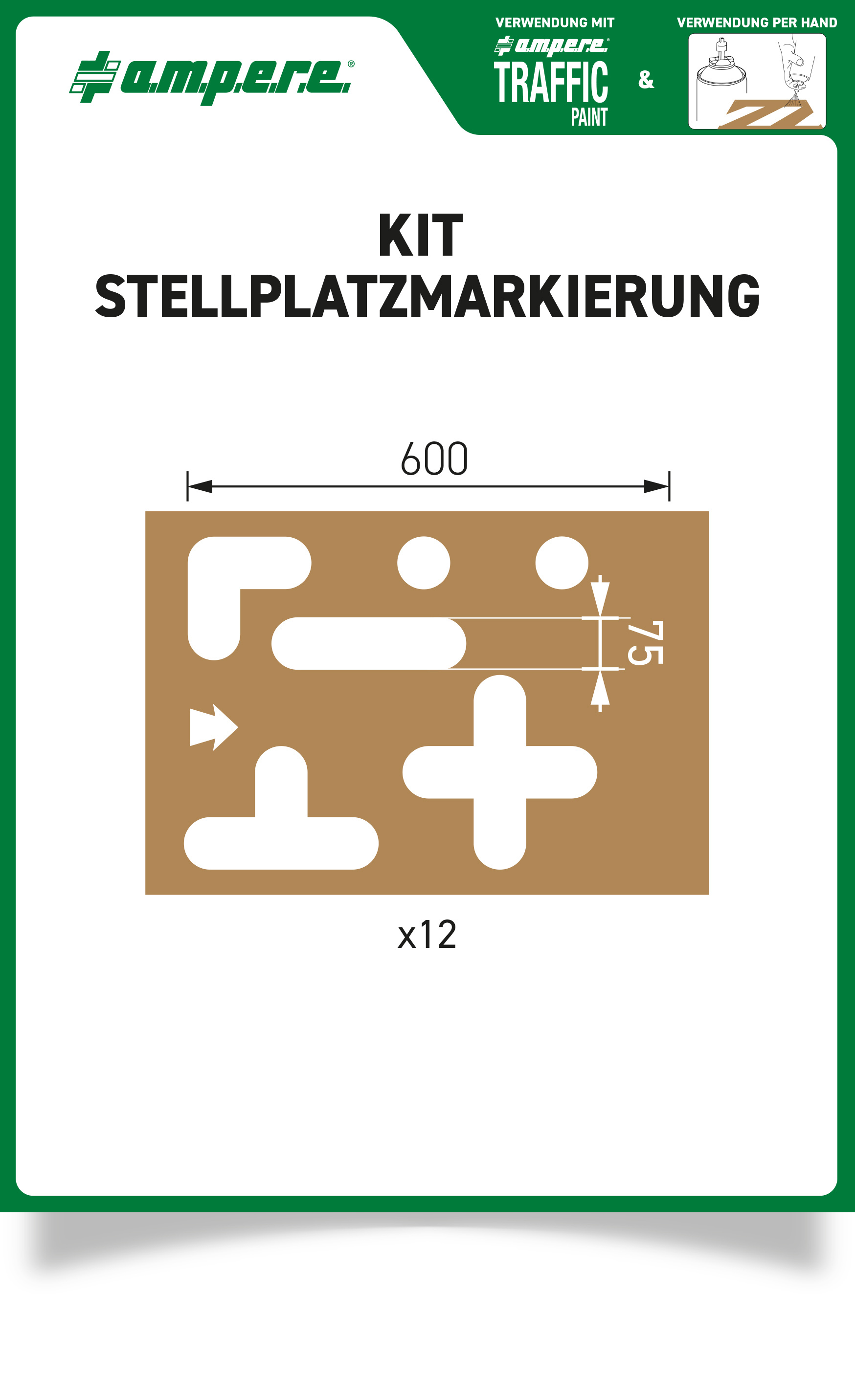 AMPERE Wiederverwendbarer Schablonen SET Stellplatzmarkierung | 12teilig | Aus geöltem und verstärktem Spezialkarton