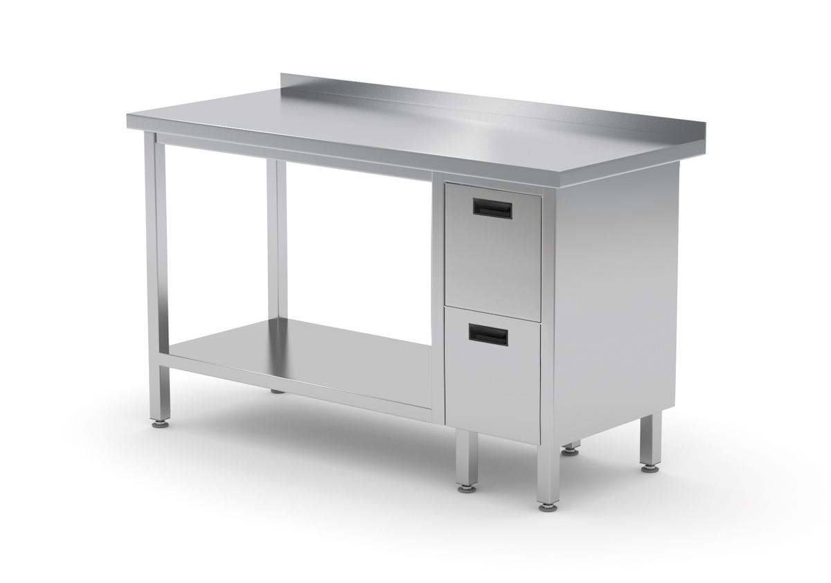 Edelstahl Gastro-Arbeitstisch mit 2 Schubladen rechts sowie Grundboden und Aufkantung | AISI 430 Qualität | HxBxT 85x80x70cm