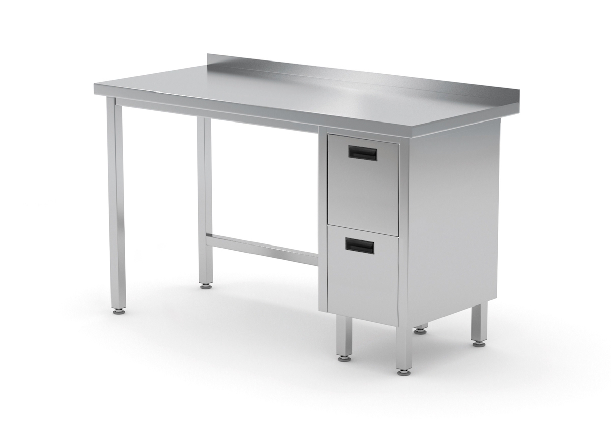 Edelstahl Gastro-Arbeitstisch mit 2 Schubladen rechts und Aufkantung | AISI 430 Qualität | HxBxT 85x90x60cm