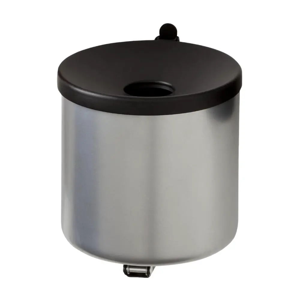 Runder Sicherheits-Wandaschenbecher mit Kippvorrichtung | 2 Liter, HxØ 16x16cm | Metall | Silber mit schwarzem Deckel