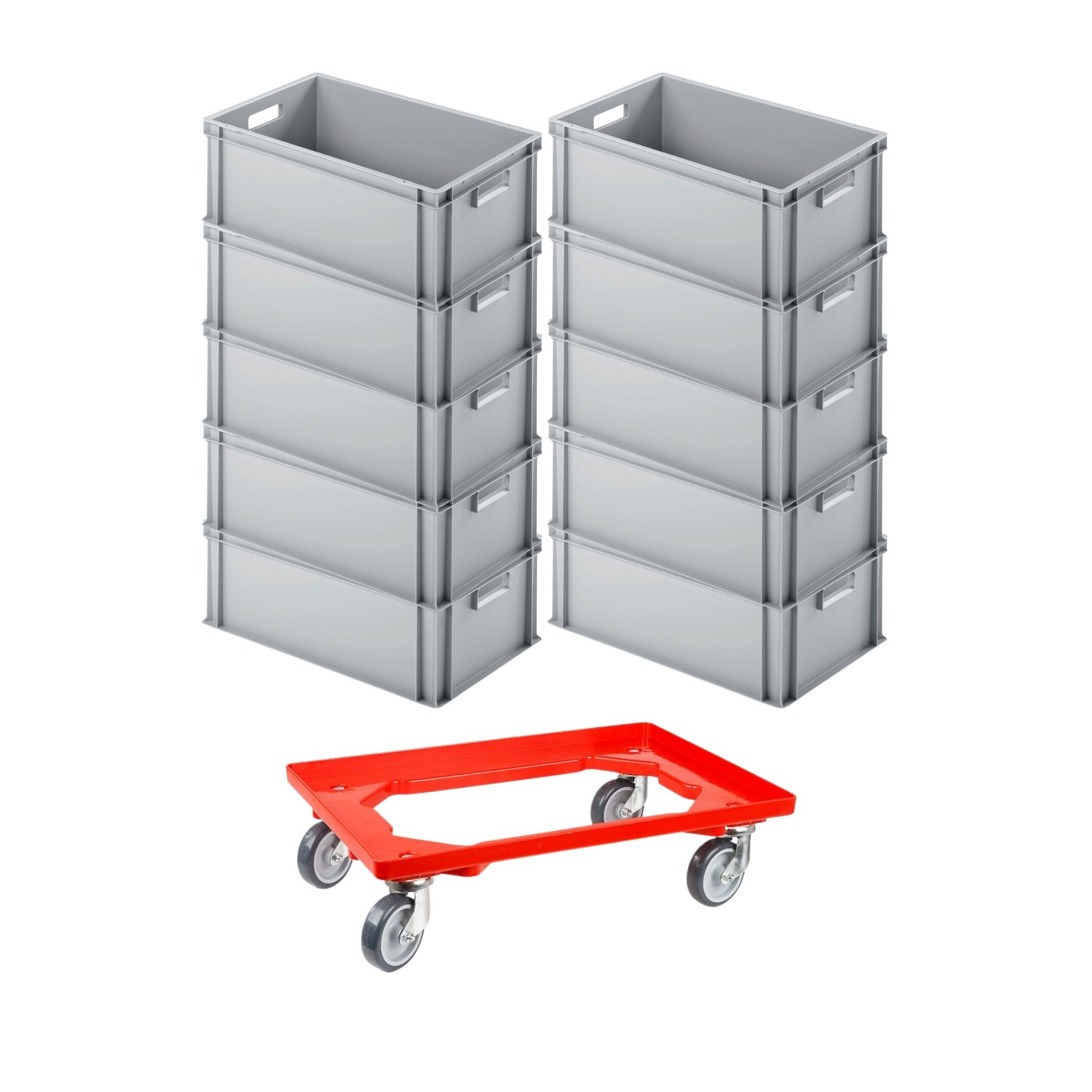SparSet 10x Eurobehälter mit offenem Griff & 1x Transportroller Rot | HxBxT 22x40x60cm | 38 Liter | Eurobox, Transportbox, Transportbehälter, Stapelbehälter