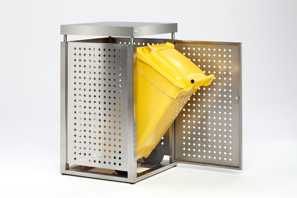 Robuster Müllbehälterschrank mit Doppelbartschloss | 120 Liter, HxBxT 115x67,5x62,5cm | Edelstahl | Silber