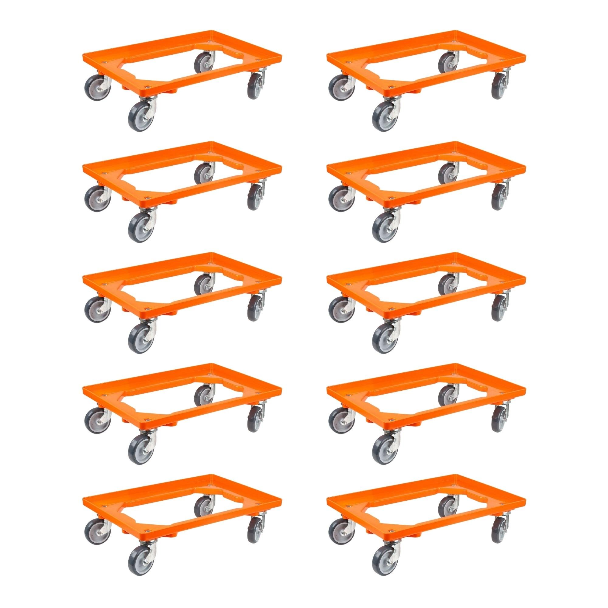 SparSet 10x Transportroller für Euroboxen 60x40cm mit Gummiräder orange | Offenes Deck | 2 Lenkrollen & 2 Bremsrollen | Traglast 300kg | Kistenroller Logistikroller Rollwagen Profi-Fahrgestell