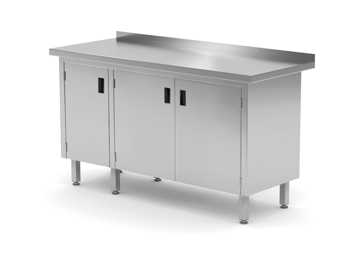 Edelstahl Gastro-Arbeitstisch mit 3 Klapptüren und Aufkantung | AISI 430 Qualität | HxBxT 85x150x70cm