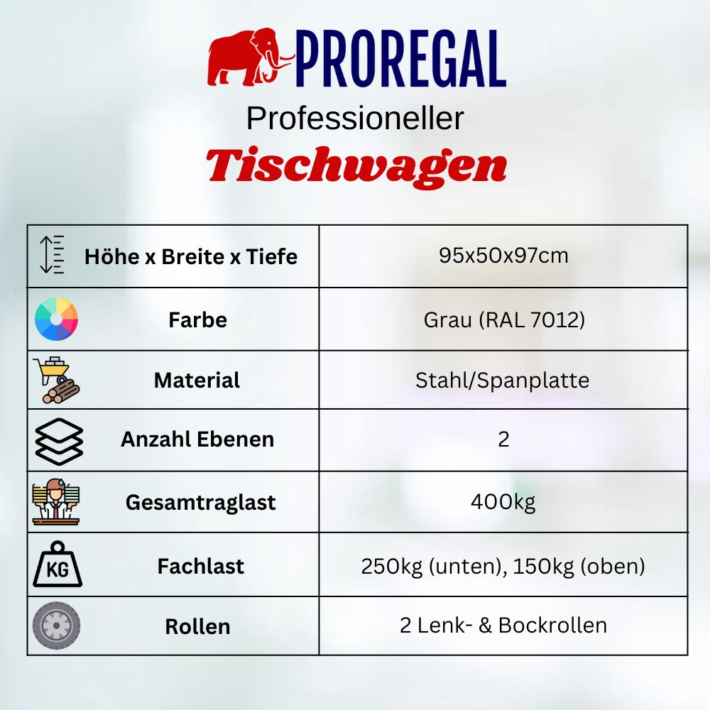 Profi Tischwagen mit 2 Etagen | HxBxT 95x50x97cm | Traglast 400kg | Grau