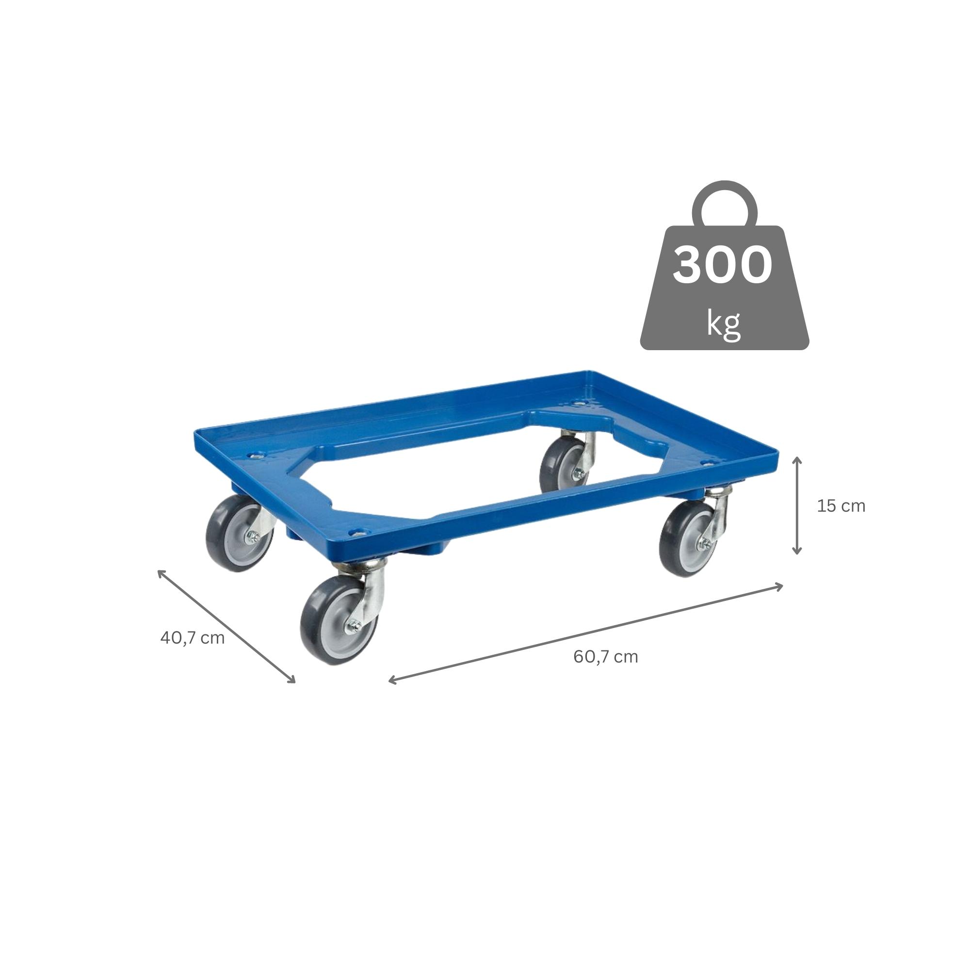 SparSet 6x Transportroller für Euroboxen 60x40cm mit Gummiräder blau | Offenes Deck | 2 Lenkrollen & 2 Bremsrollen | Traglast 300kg | Kistenroller Logistikroller Rollwagen Profi-Fahrgestell
