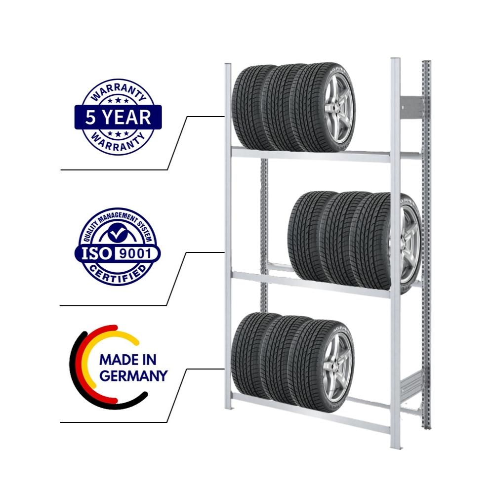 Reifenregal TIRE PRO Made in Germany | HxBxT 200x100x43cm | 3 Ebenen | 150kg Fachlast | Bis zu 5 Reifen pro Ebene | Verzinkt