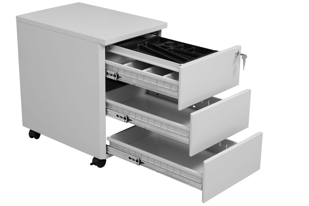 Rollcontainer Fox | 3 Schubladen | Seitengriff + Materialfach | HxBxT 62x46x60 cm | Holzabdeckplatte | Grau