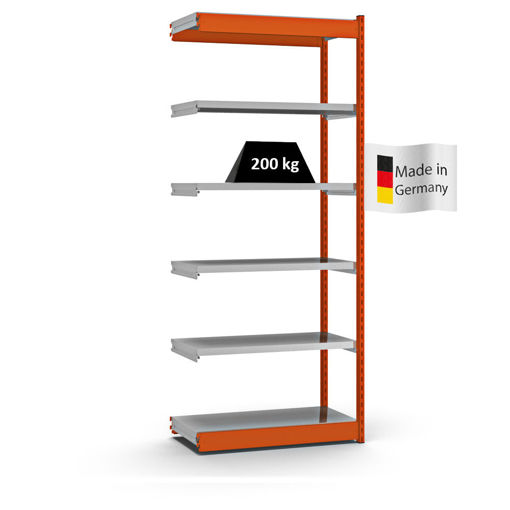 Fachbodenregal Stecksystem Vierkant-Profil | Anbauregal | HxBxT 250x100x40cm | 6 Ebenen | Einseitige Bauart | Fachlast 200kg | Orange/Verzinkt