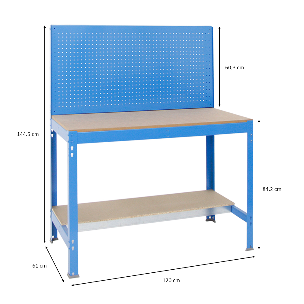 Werkbank QUICK-BUFFALO mit Werkzeugwand | HxBxT 84x120x61cm | Traglast 600kg | Blau