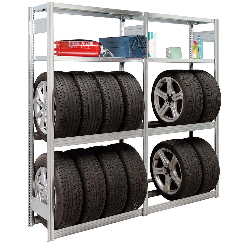 Räderregal GRIP Stecksystem | Reifen inkl. Felgen | Smart-Set | HxBxT 200x101x40cm | 2 Reifen Fachebenen & 2 Fachböden | Fachlast 250kg | Verzinkt