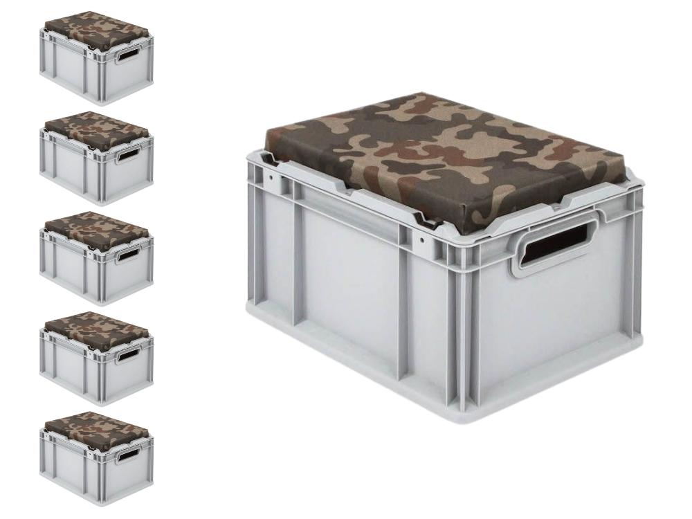 SparSet 6x Eurobox NextGen Seat Box Camouflage | HxBxT 26,5x30x40cm | 20 Liter | Griffe offen | Eurobehälter, Sitzbox, Transportbox, Transportbehälter, Stapelbehälter