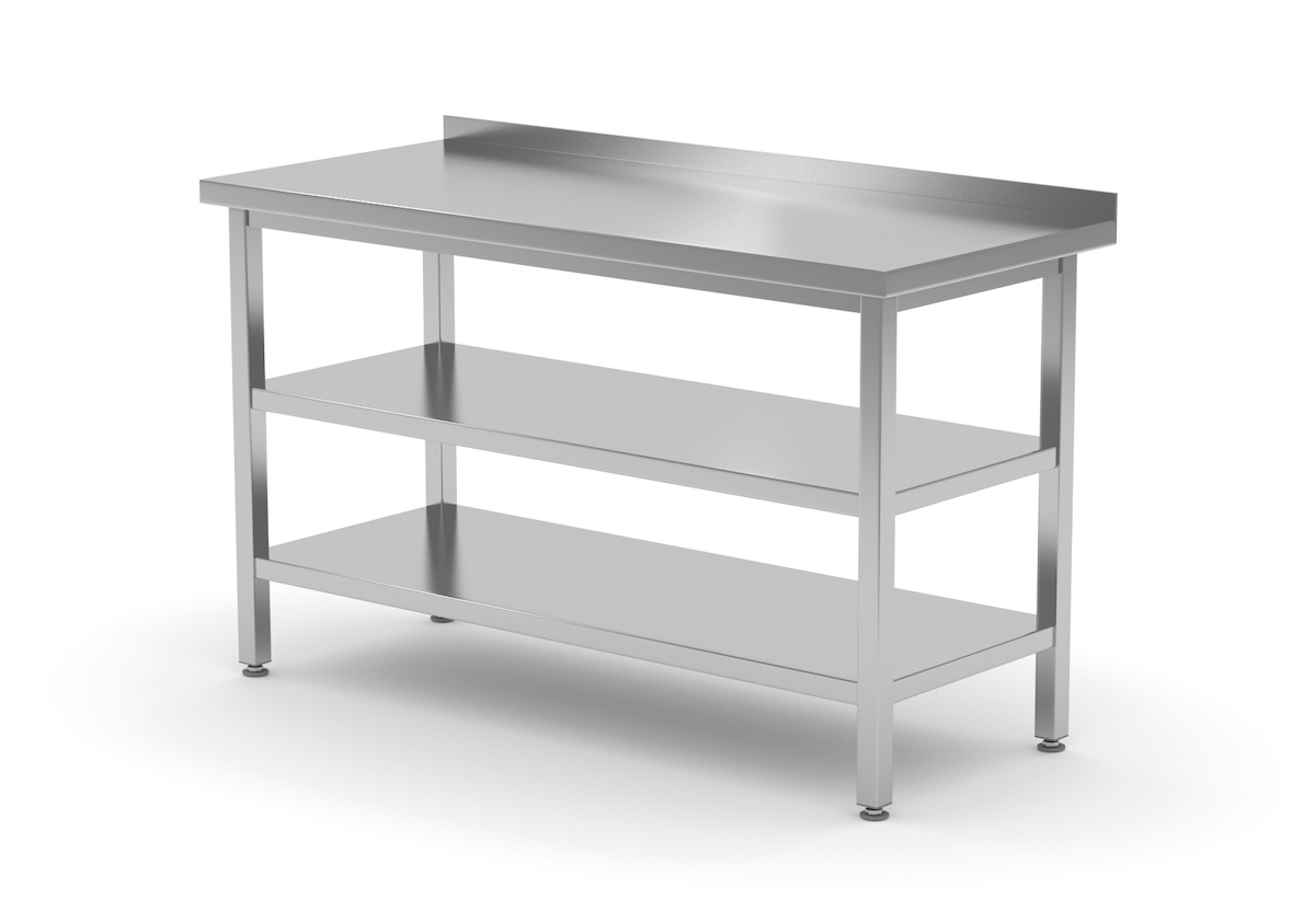 Edelstahl Gastro-Arbeitstisch mit Grund- und Zwischenboden sowie Aufkantung | AISI 430 Qualität | HxBxT 85x40x60cm