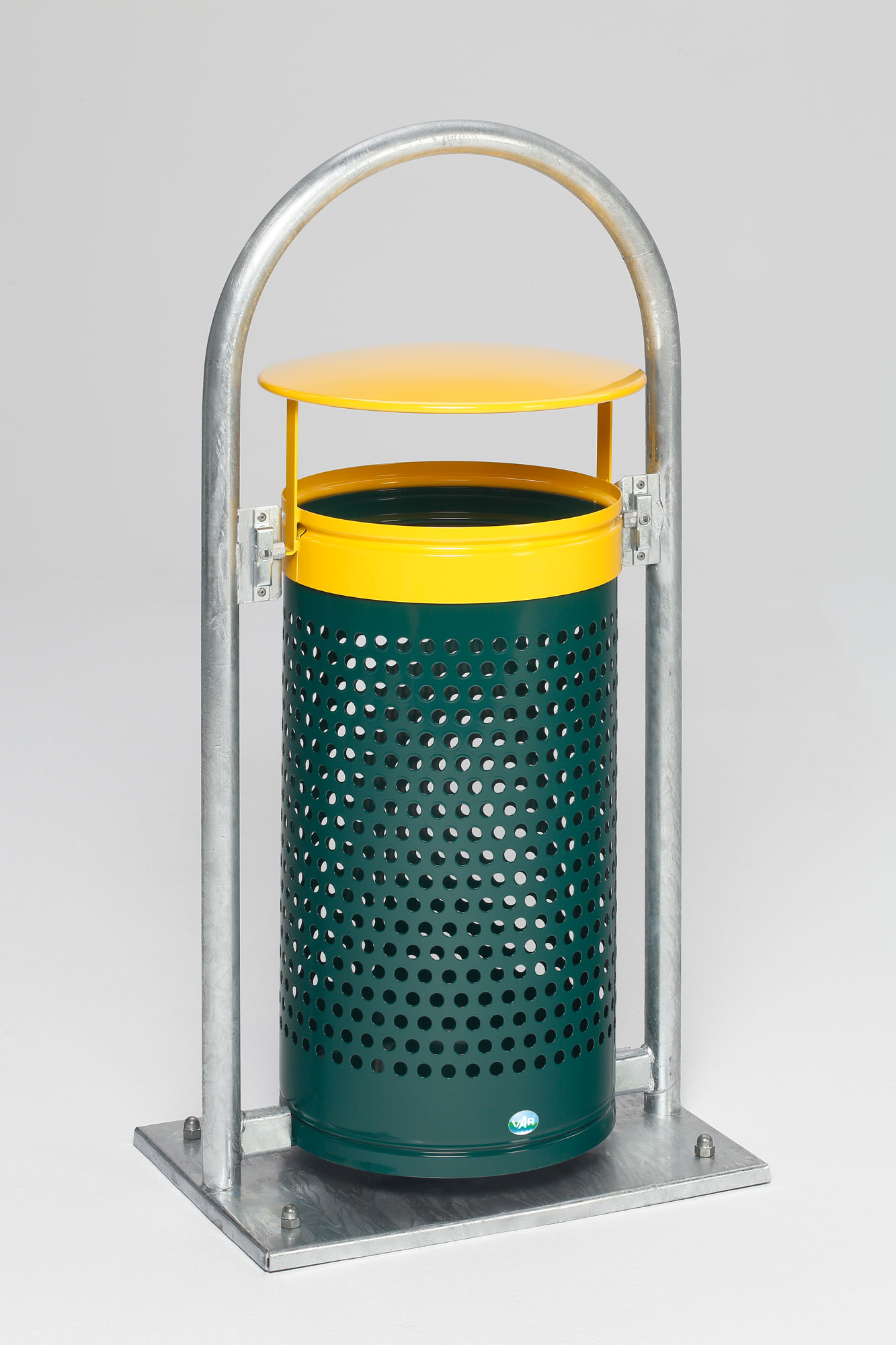 Abfallsammler mit Rohrbogenständer | 60/70 Liter, HxBxT 116,5x58x38cm | Verzinkter Stahl | Grün-Gelb