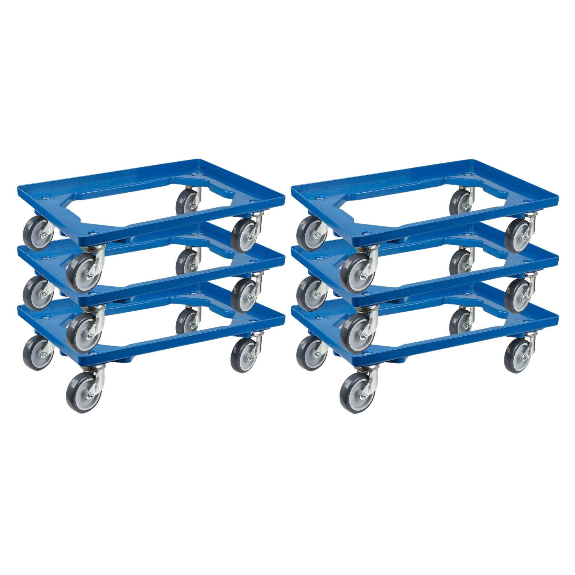 SparSet 6x Transportroller für Euroboxen 60x40cm mit Gummiräder blau | Offenes Deck | 2 Lenkrollen & 2 Bremsrollen | Traglast 300kg | Kistenroller Logistikroller Rollwagen Profi-Fahrgestell