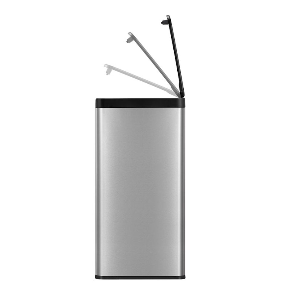 Rechteckiger Abfallbehälter aus gebürstetem Edelstahl mit Touch-Open-Deckel aus Kunststoff | 40 Liter, HxBxT 59,5x46,3x28,8cm | Silber