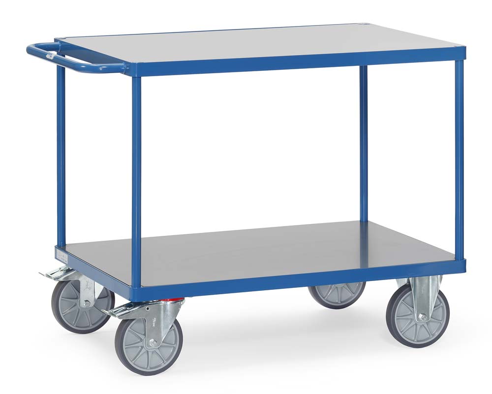 Schwerer Tischwagen mit 2 Hart-PVC Böden und 85 x 50 cm Ladefläche