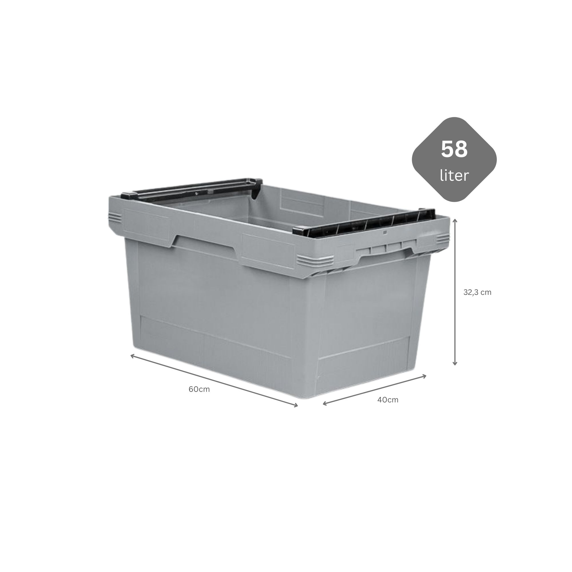 Conical Mehrweg-Stapelbehälter mit Stapelbügel Grau | HxBxT 32,3x40x60cm | 58 Liter | Lagerbox Eurobox Transportbox Transportbehälter Stapelbehälter
