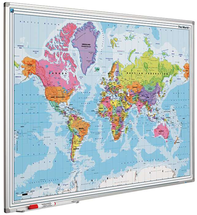 Magnetisches Whiteboard Politische Weltkarte | HxB 90x120cm | inkl. Befestigungsmaterial & Stiftablage | Sublimationsstahl