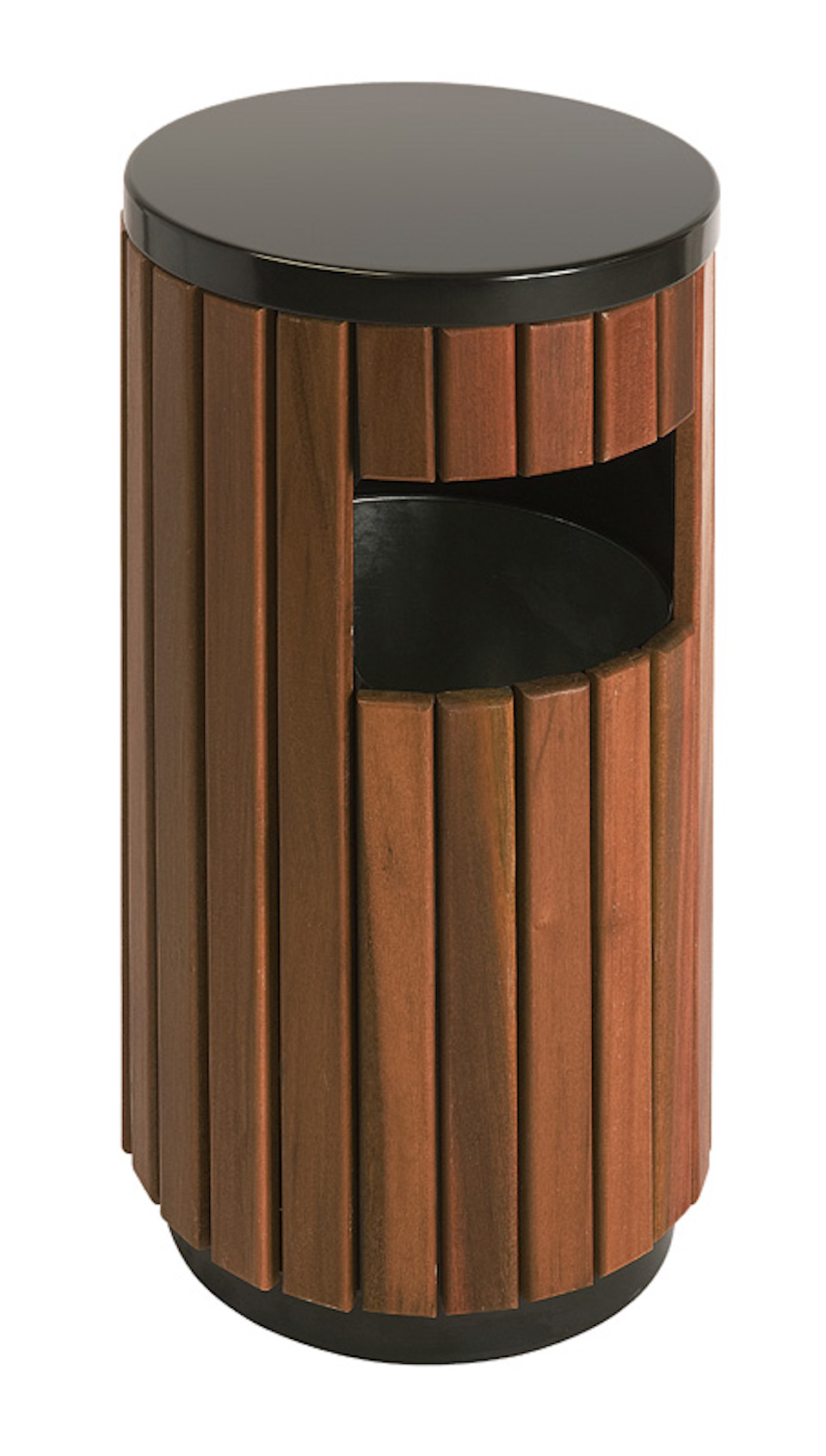 Runder Abfallbehälter aus Metall in Holzoptik für den Außenberreich | 33 Liter, HxØ 75,5x40cm | Holzoptik, Abdeckung Schwarz